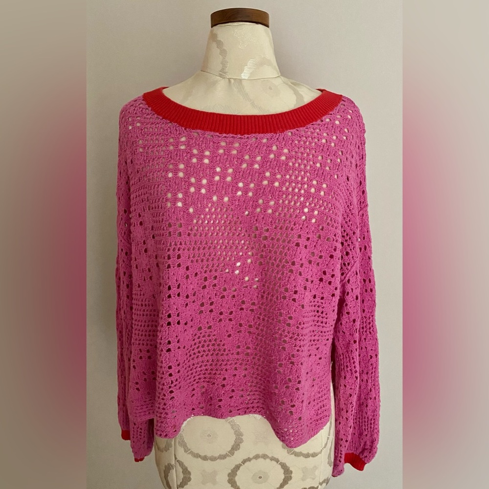 Free People Crocheted Pink Pullover Sweater  Small